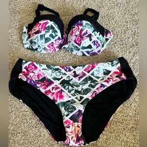 Robyn Lawley Floral Lattice Underwire Bikini Set D/DD Cup US 12 Black Pink